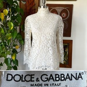 Dolce & Gabbana Ivory Lace Mock Neck Top, Size Small to Medium